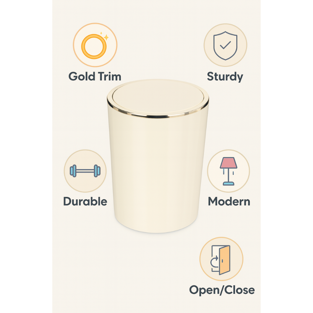 Acrylic Swing-Lid Trash Can – Gold Ring Rim Design, 6 Liter