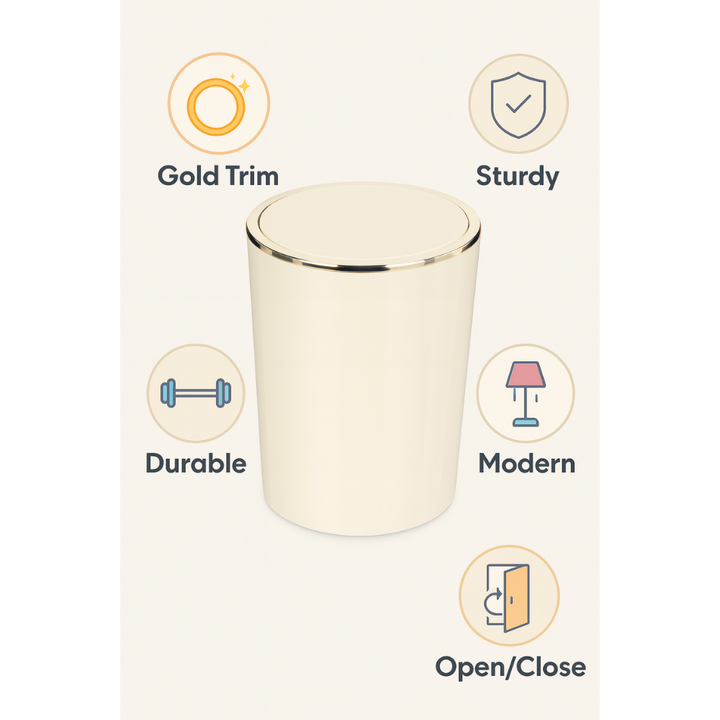 Acrylic Swing-Lid Trash Can – Gold Ring Rim Design, 6 Liter