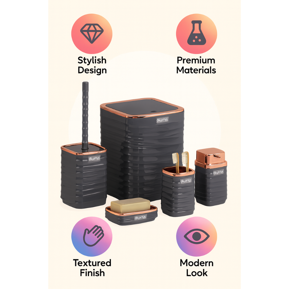 Okyanus 5-Piece Bathroom Accessories Set – Rose-Gold Accents, Easy-Clean