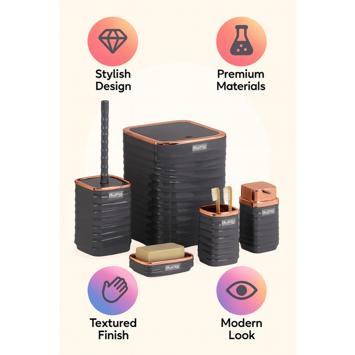 Okyanus 5-Piece Bathroom Accessories Set – Rose-Gold Accents, Easy-Clean