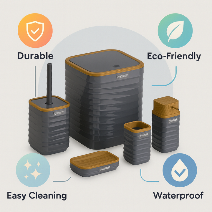 Modern 5-Piece Bathroom Accessories Set – Covered Bin, Wood-Grain Accents