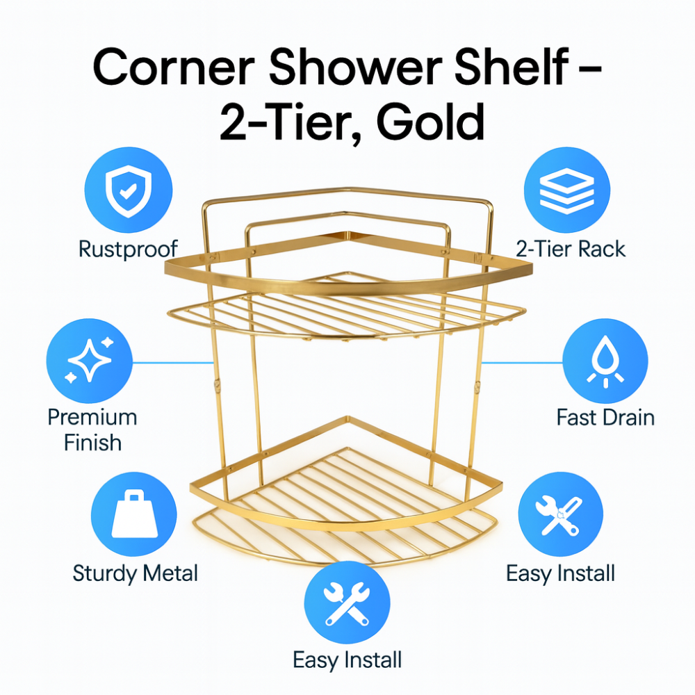 رف حمام زاوية من الفولاذ المقاوم للصدأ، ذهبي مقاوم للصدأ