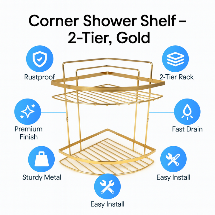 رف حمام زاوية من الفولاذ المقاوم للصدأ، ذهبي مقاوم للصدأ
