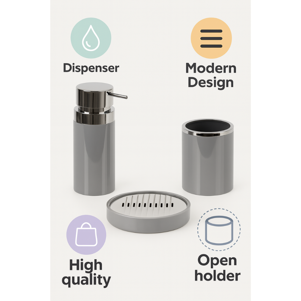 Bathroom Accessories Set 3-Piece Acrylic – Silver Ring Design