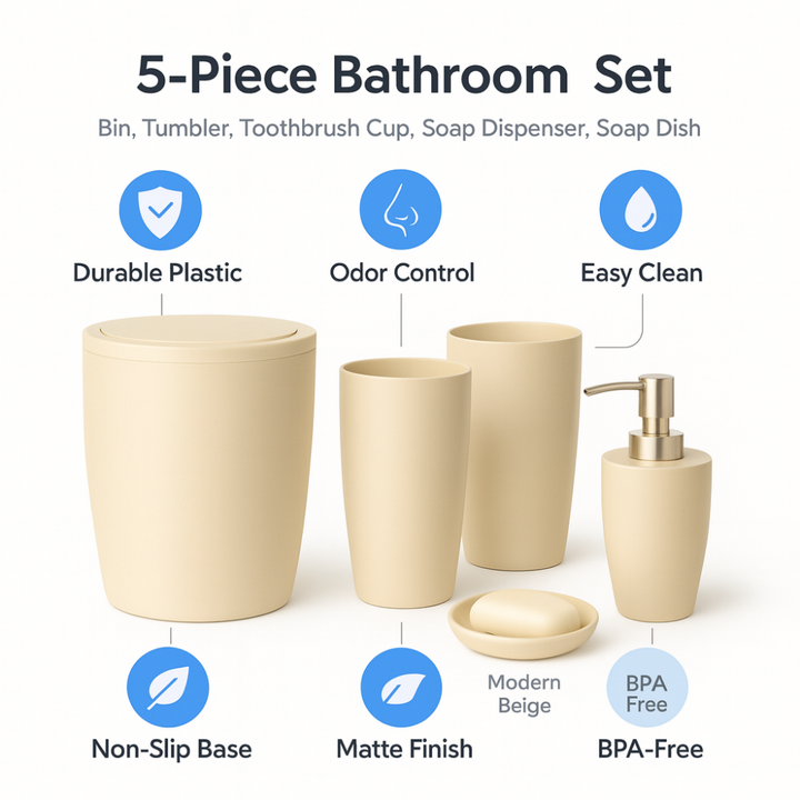 Bathroom accessories set 5 pieces – durable plastic, 7.5 Liter bin