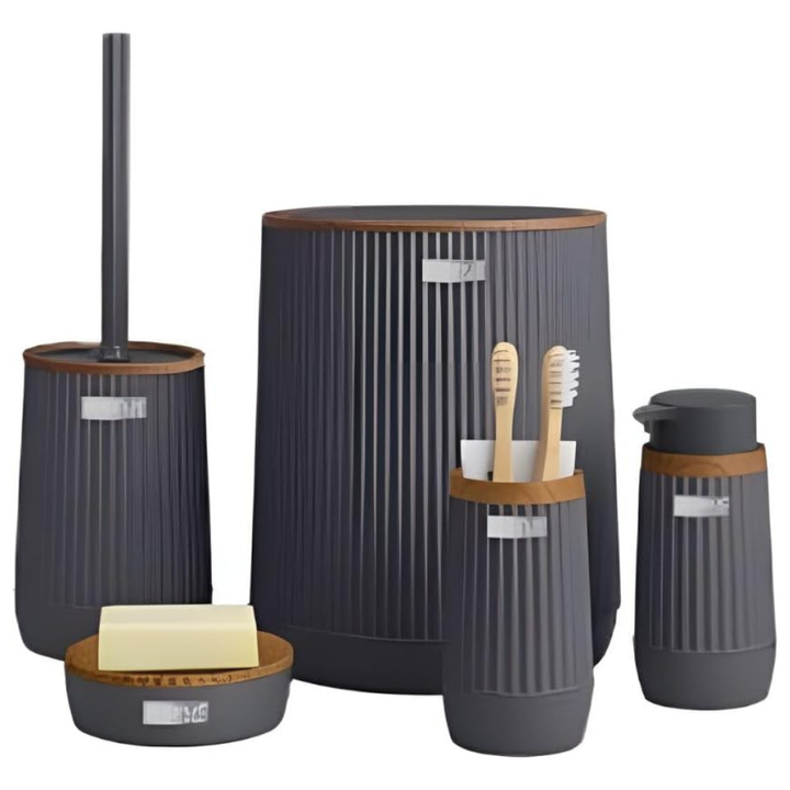 5-Piece Bathroom Accessories Set – Wood-Grain Accents, Durable Plastic