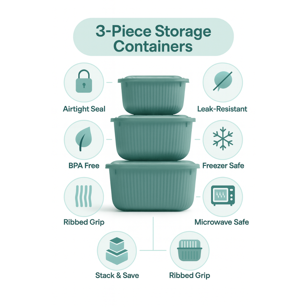 Square Food Storage Container Set – Airtight, 3pc 600/1100/1800 milliliter