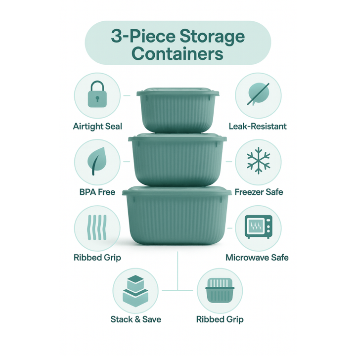 Square Food Storage Container Set – Airtight, 3pc 600/1100/1800 milliliter