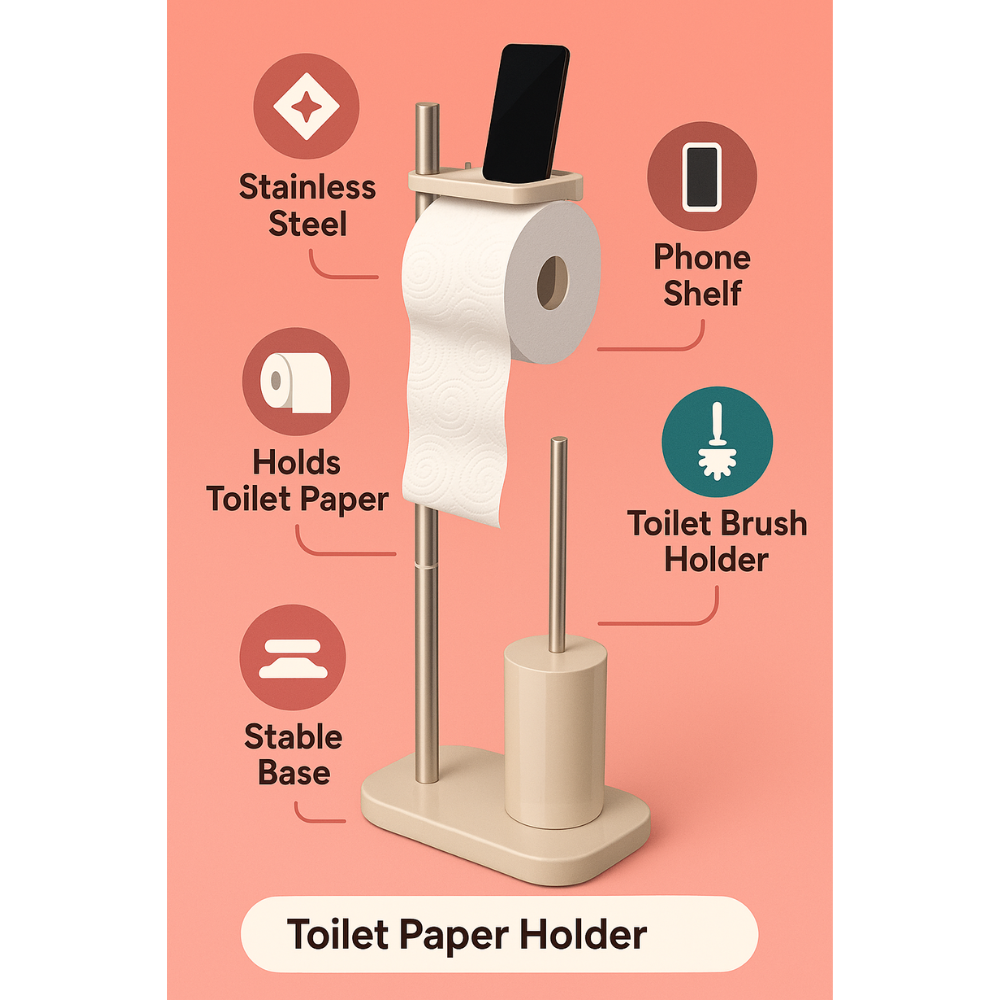 Standing Toilet Paper Holder with Brush & Shelf –75 cm | Primanova