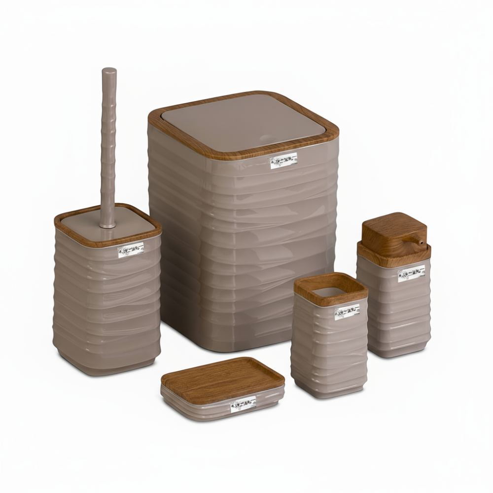 Modern 5-Piece Bathroom Accessories Set – Covered Bin, Wood-Grain Accents