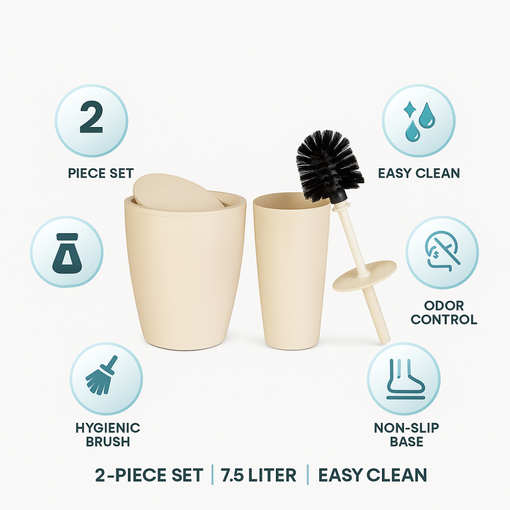 Primanova Pure Bathroom Set 2-Piece – 7.5 liter Bin + Toilet Brush
