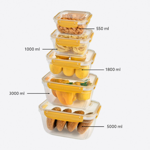 5 Pcs Rectangular Lunch Box Set-(550,1000,1800,3000,5000) ml