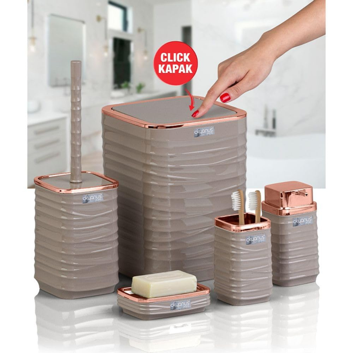 Okyanus 5-Piece Bathroom Accessories Set – Rose-Gold Accents, Easy-Clean