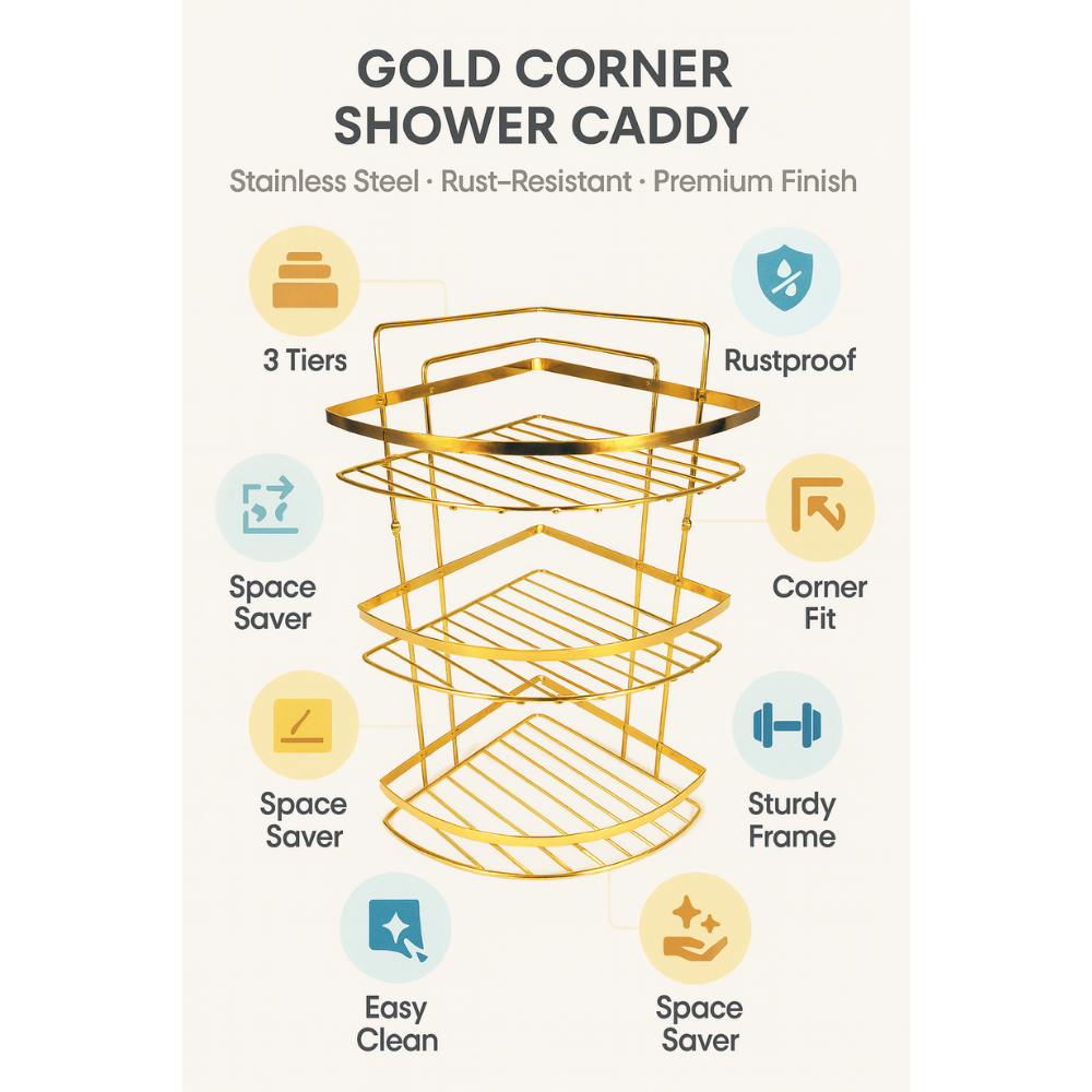 رف حمام زاوية من الفولاذ المقاوم للصدأ، ذهبي مقاوم للصدأ