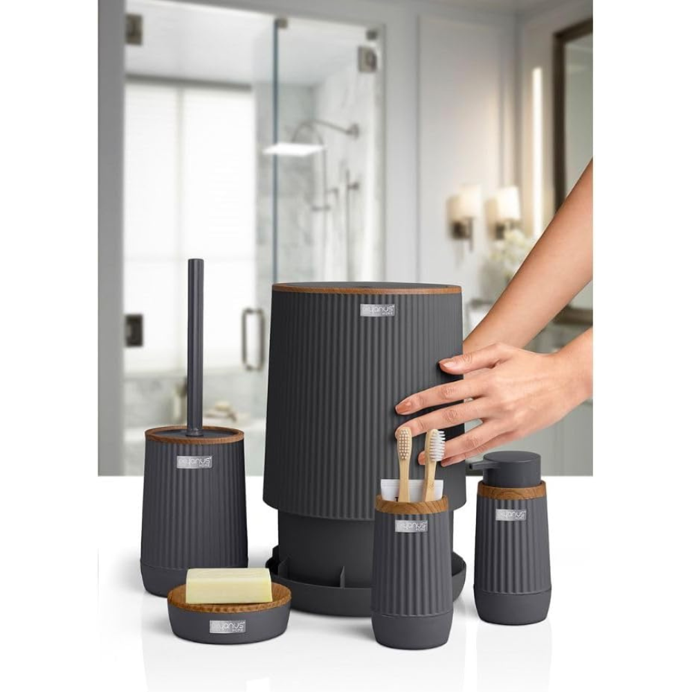 5-Piece Bathroom Accessories Set – Wood-Grain Accents, Durable Plastic