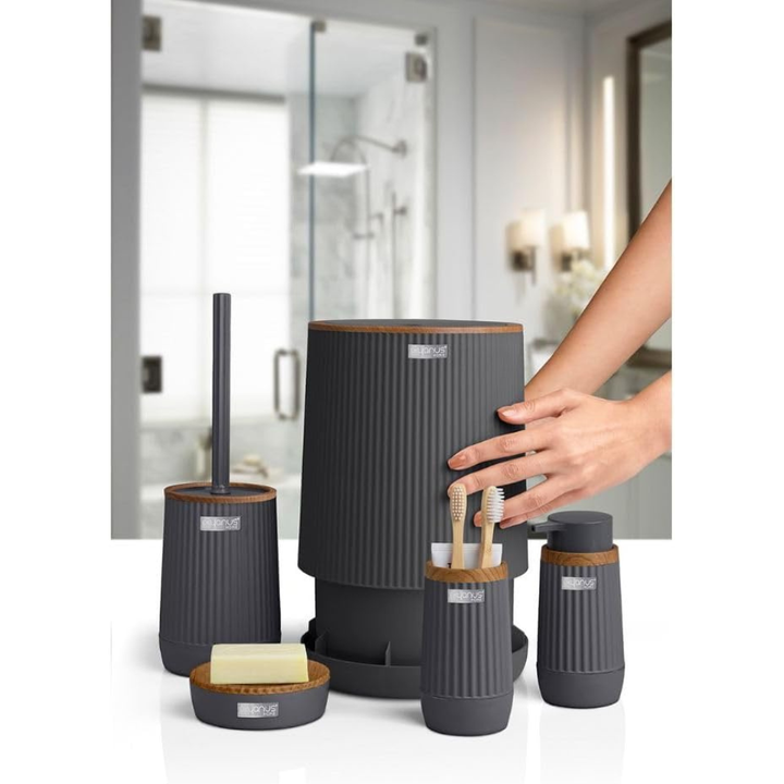 5-Piece Bathroom Accessories Set – Wood-Grain Accents, Durable Plastic