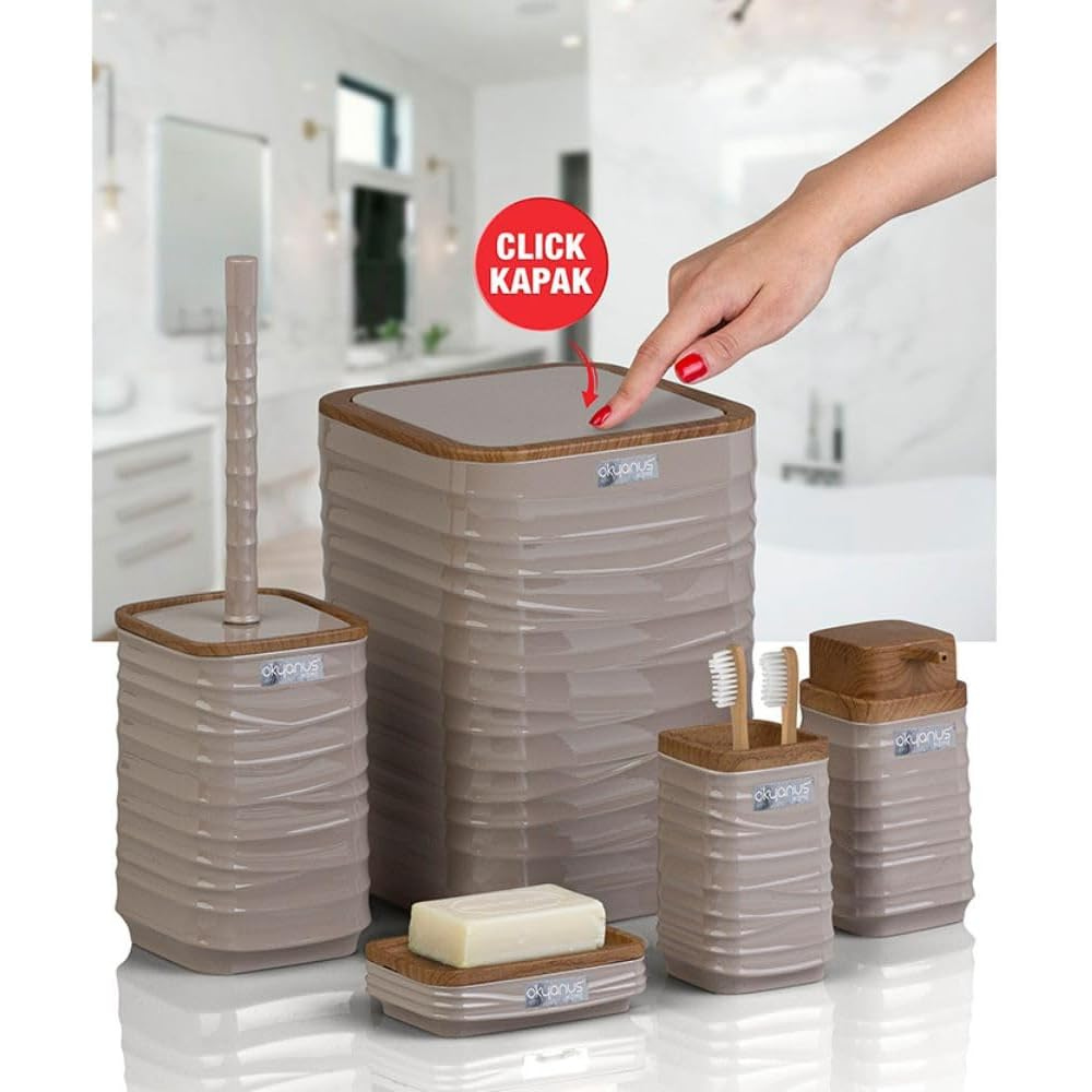 Modern 5-Piece Bathroom Accessories Set – Covered Bin, Wood-Grain Accents