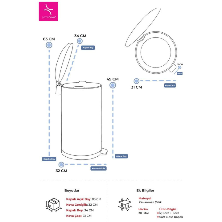 Stainless Steel Pedal Waste Bin – Soft-Close Dome Lid, 30 Liter