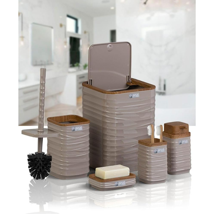 Modern 5-Piece Bathroom Accessories Set – Covered Bin, Wood-Grain Accents