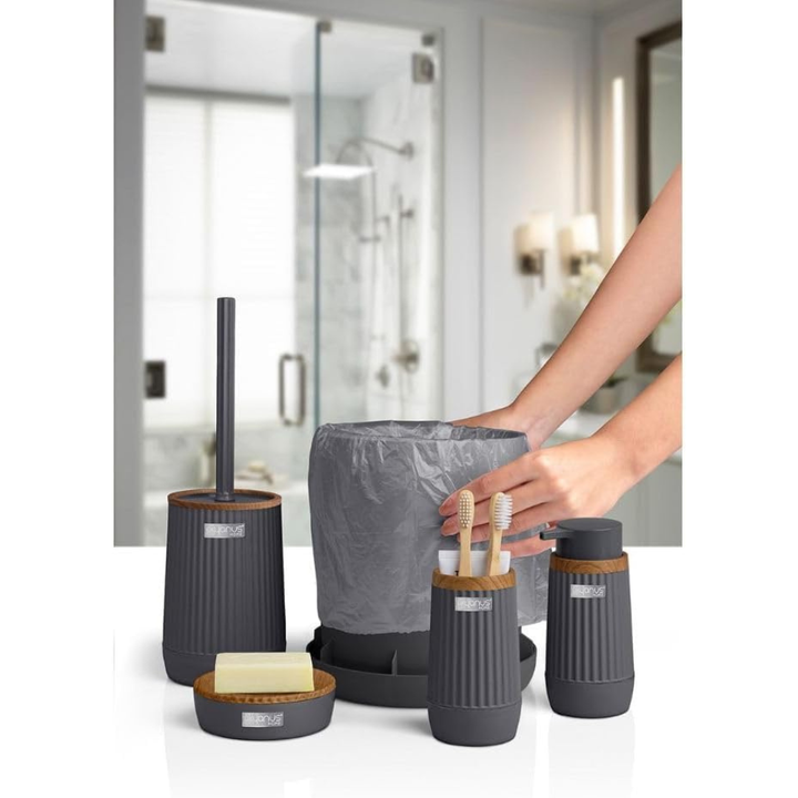 5-Piece Bathroom Accessories Set – Wood-Grain Accents, Durable Plastic