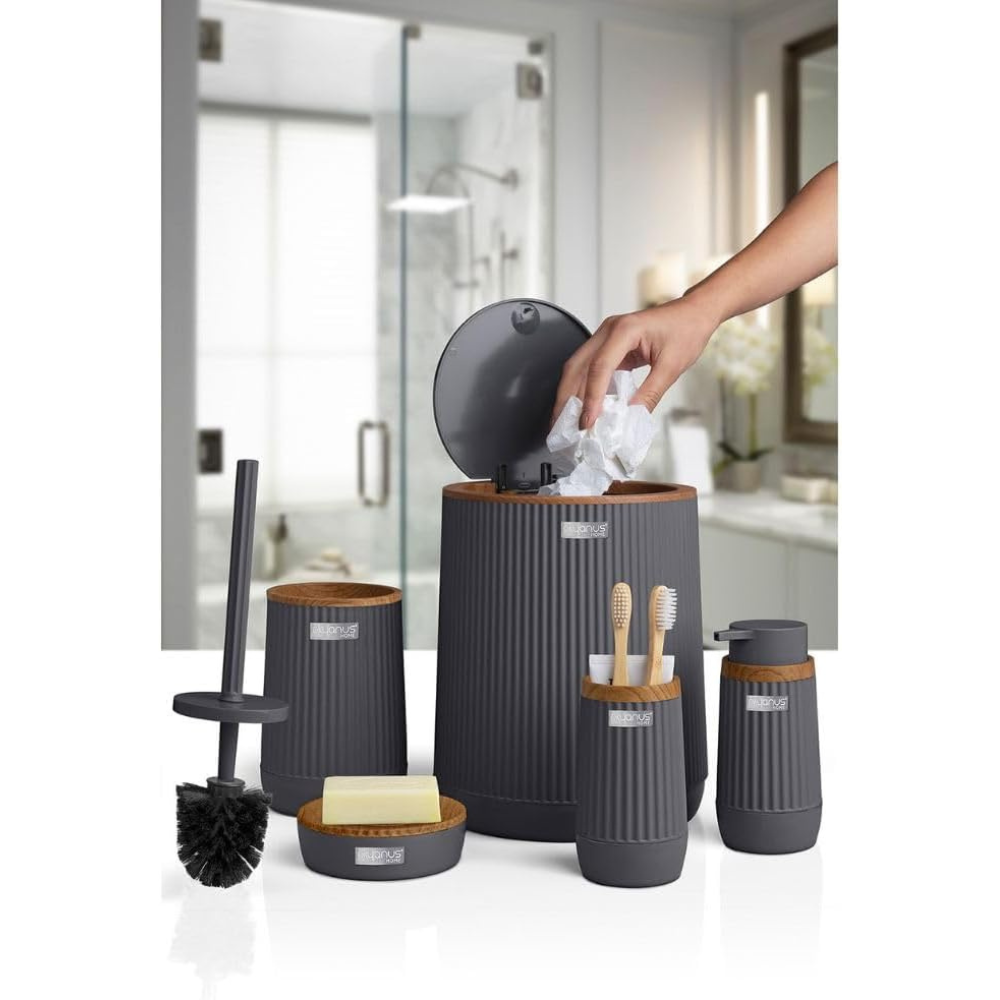 5-Piece Bathroom Accessories Set – Wood-Grain Accents, Durable Plastic