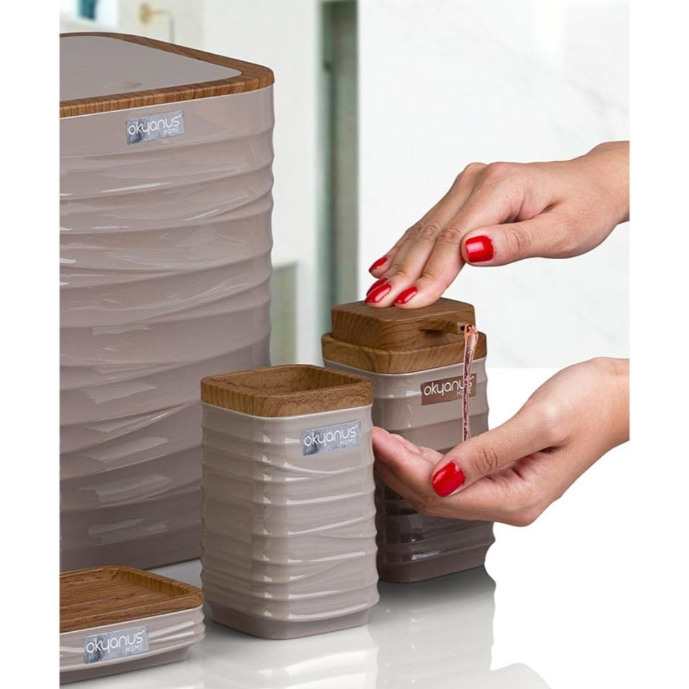 Modern 5-Piece Bathroom Accessories Set – Covered Bin, Wood-Grain Accents