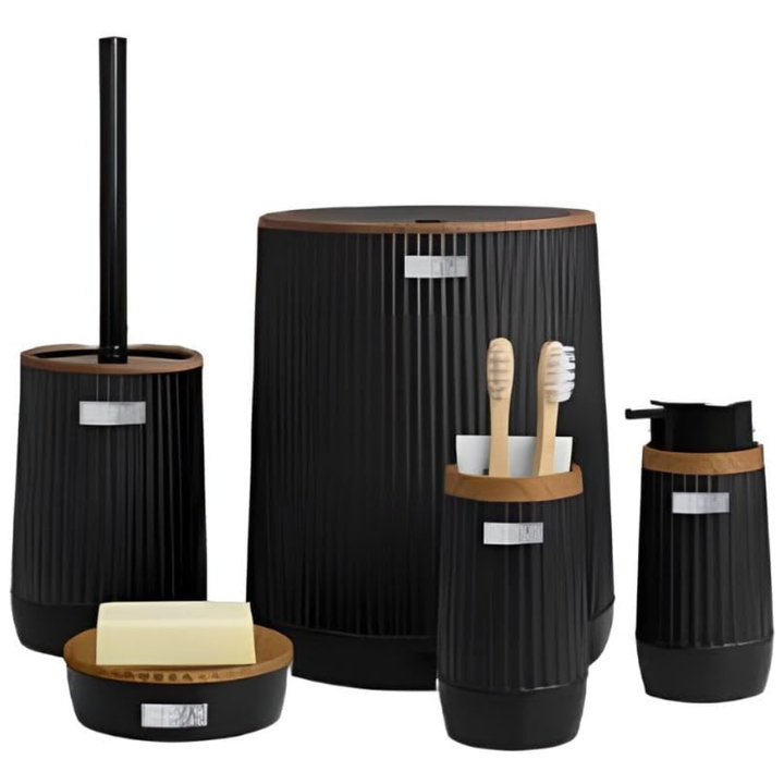 5-Piece Bathroom Accessories Set – Wood-Grain Accents, Durable Plastic
