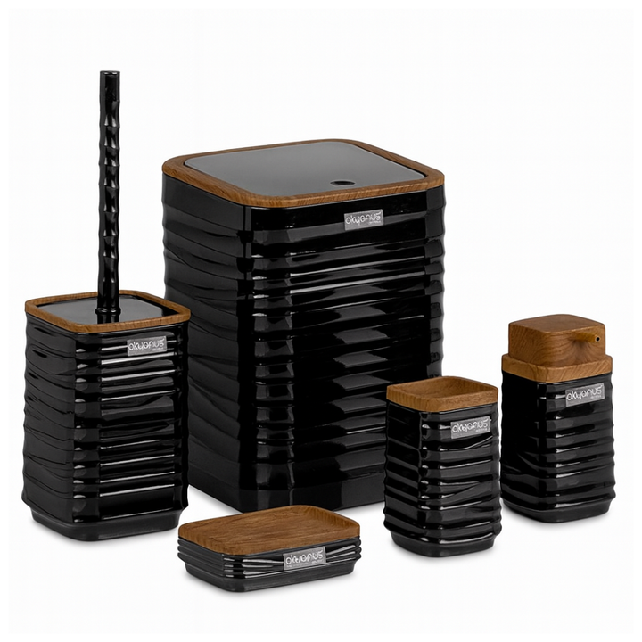 Modern 5-Piece Bathroom Accessories Set – Covered Bin, Wood-Grain Accents