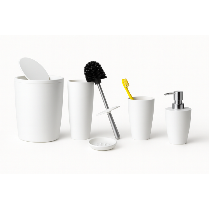 Bathroom accessories set 5 pieces – durable plastic, 7.5 Liter bin