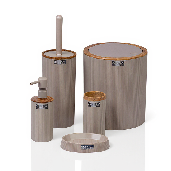 Okyanus 5-Piece Bathroom Accessory Set – Beige Ribbed Design & Wood-Style Accents