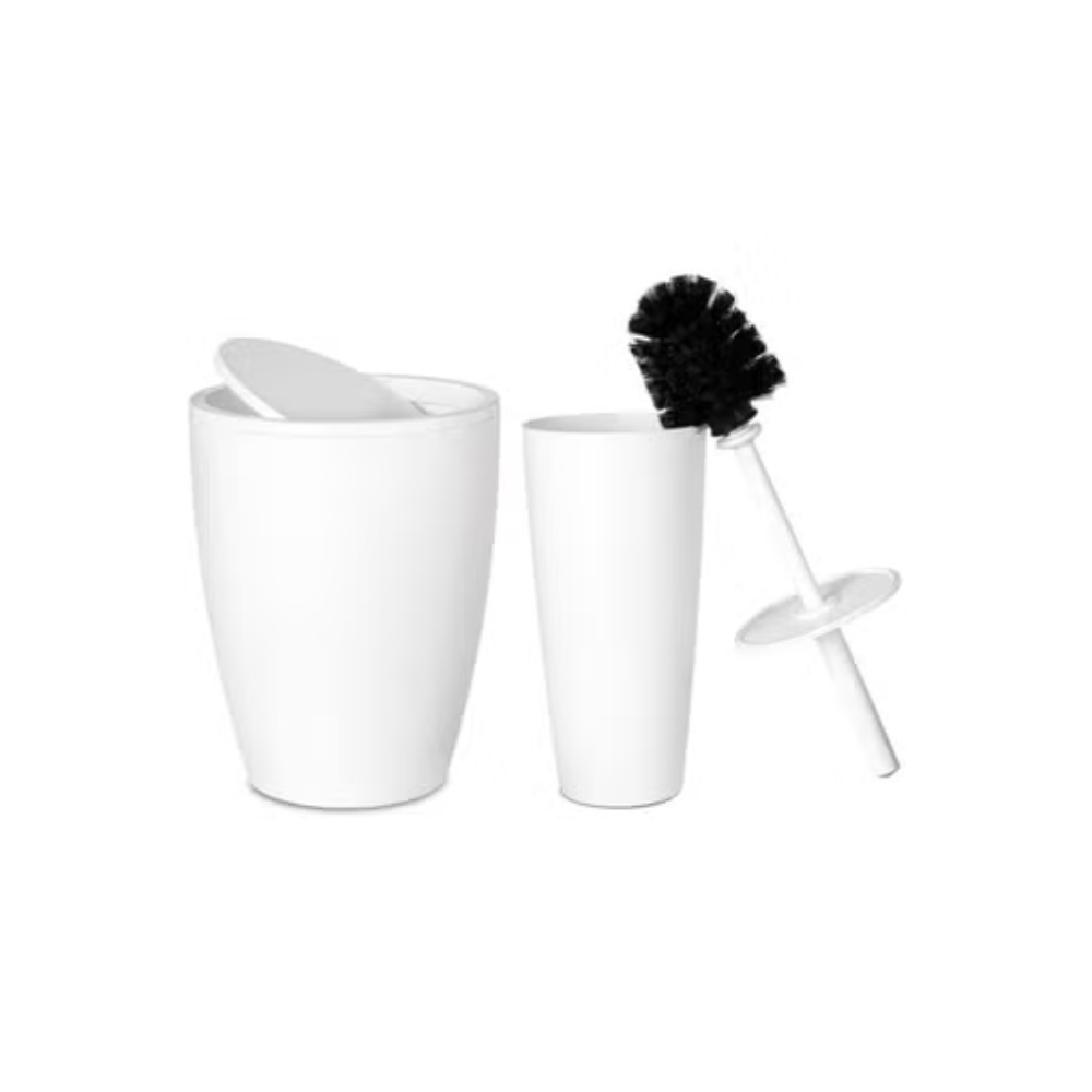 Two white cups with a black brush on a white background