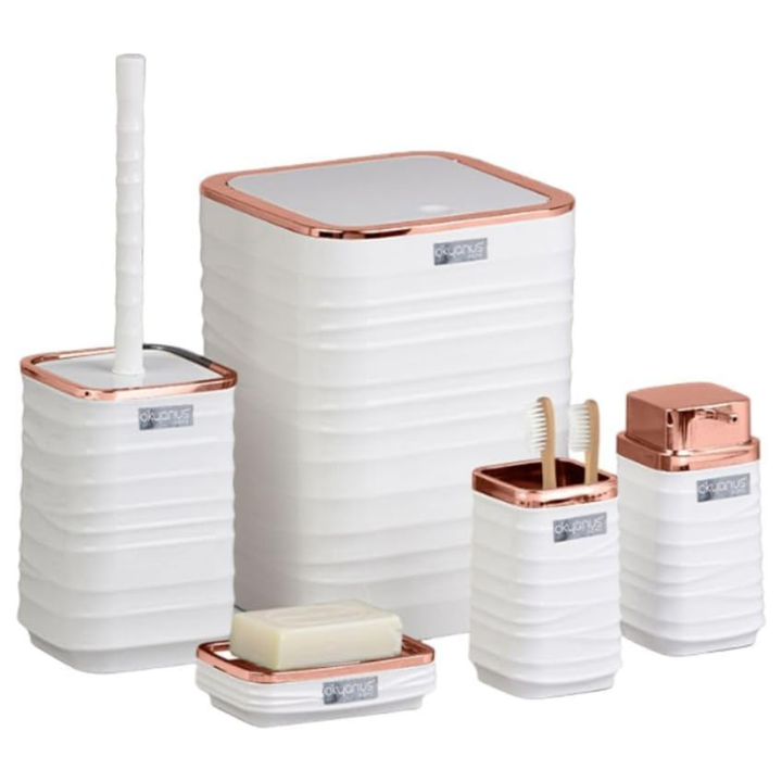 Okyanus 5-Piece Bathroom Accessories Set – Rose-Gold Accents, Easy-Clean