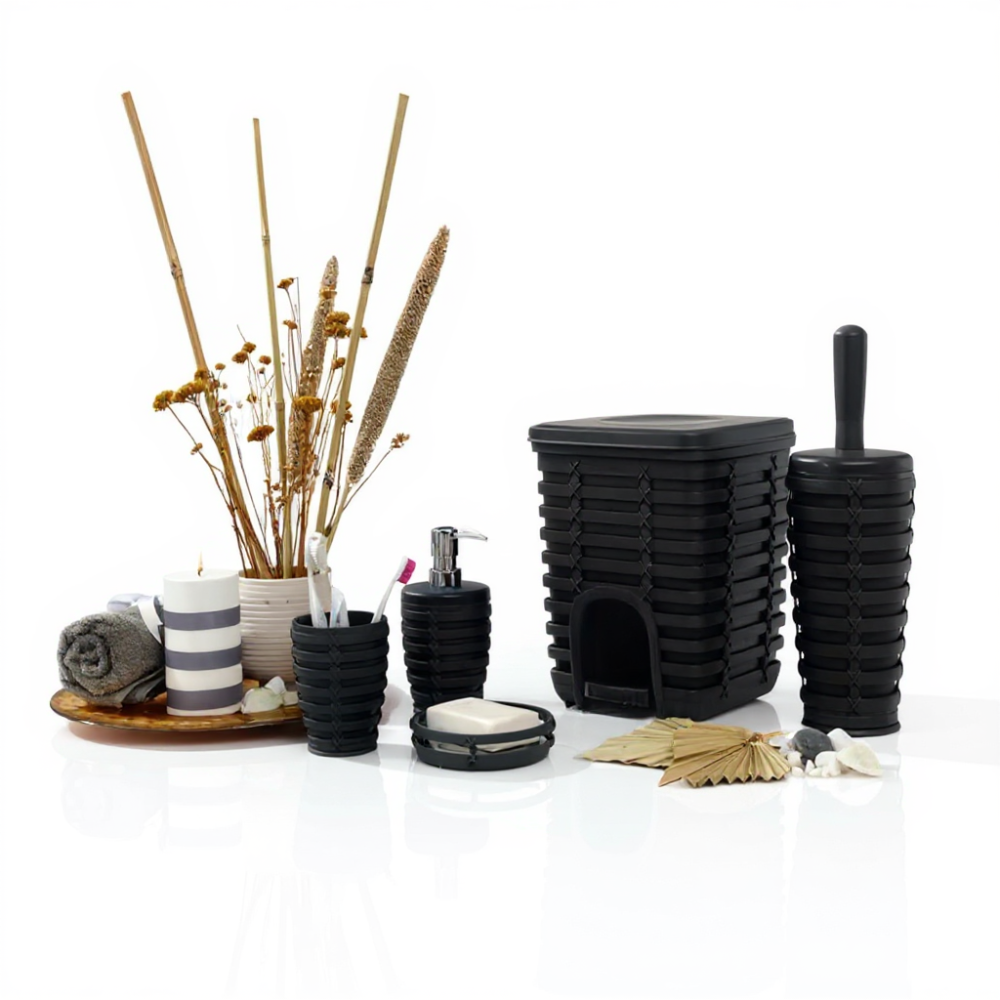 Rattan-Style 5-Piece Bathroom Accessory Set with 5 Liter Pedal Bin | Primanova