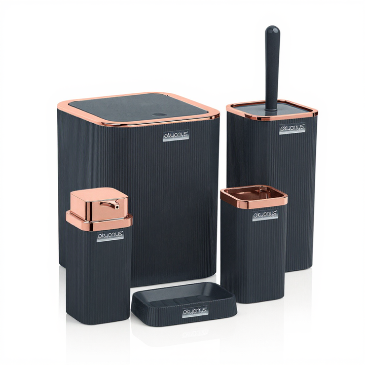 Okyanus 5-Piece Bathroom Accessory Set – Ribbed Modern Design with Rose-Gold Accents