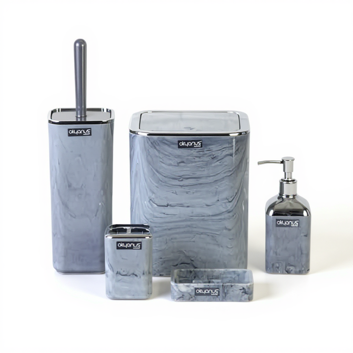 طقم حمام بنمط رخامي رمادي مربع - 5 قطع