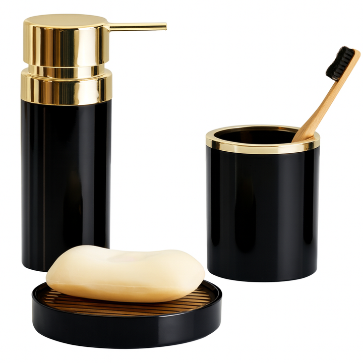 Bathroom Accessories Set (3-Piece Acrylic) – Gold Ring Trim