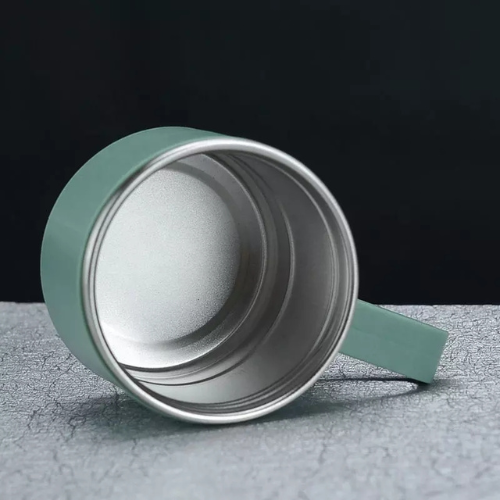 A set of one and two mugs made of stainless steel with a silicone handle