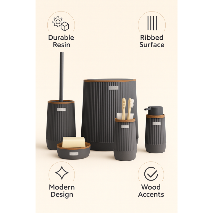 5-Piece Bathroom Accessories Set – Wood-Grain Accents, Durable Plastic