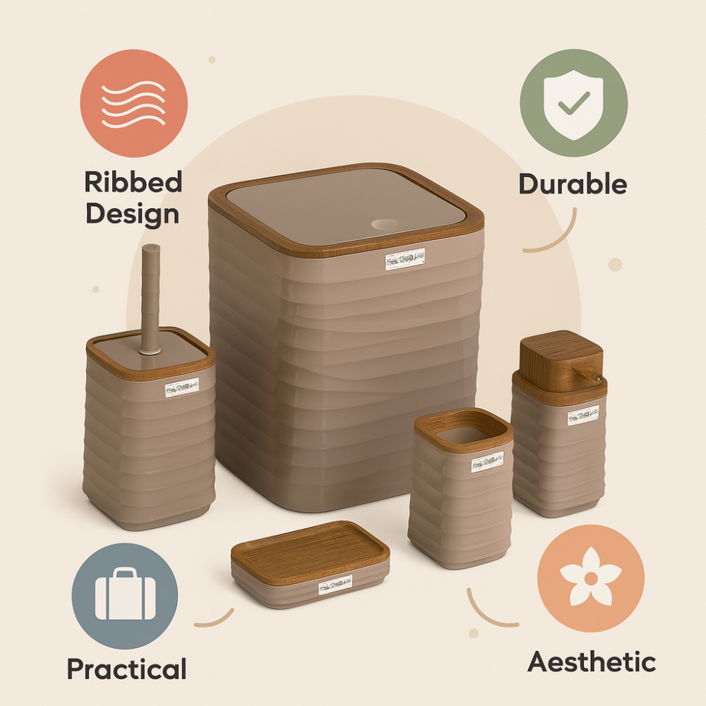Modern 5-Piece Bathroom Accessories Set – Covered Bin, Wood-Grain Accents