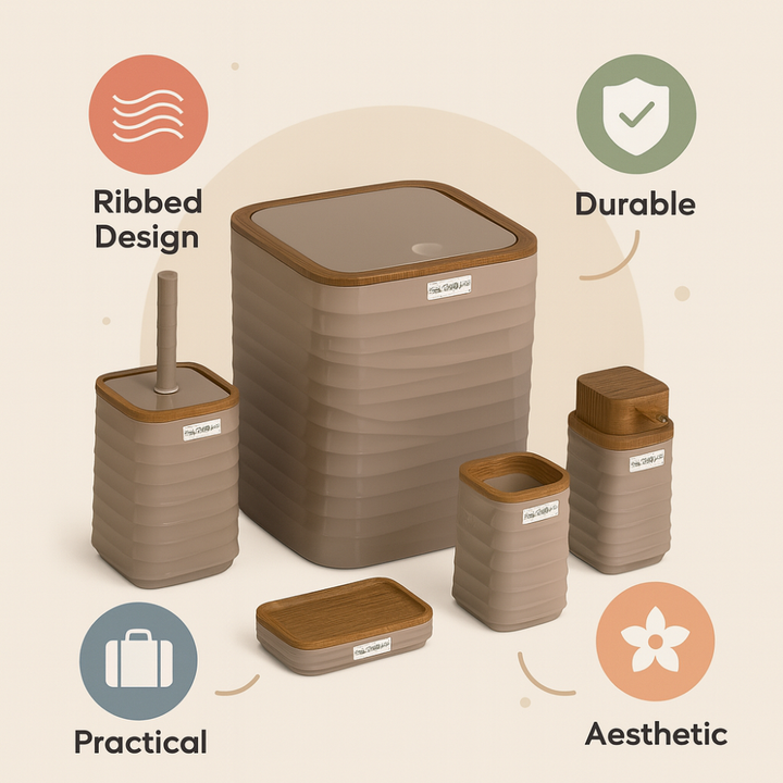 Modern 5-Piece Bathroom Accessories Set – Covered Bin, Wood-Grain Accents