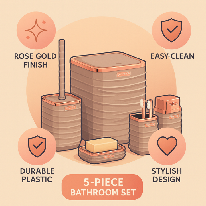 Okyanus 5-Piece Bathroom Accessories Set – Rose-Gold Accents, Easy-Clean