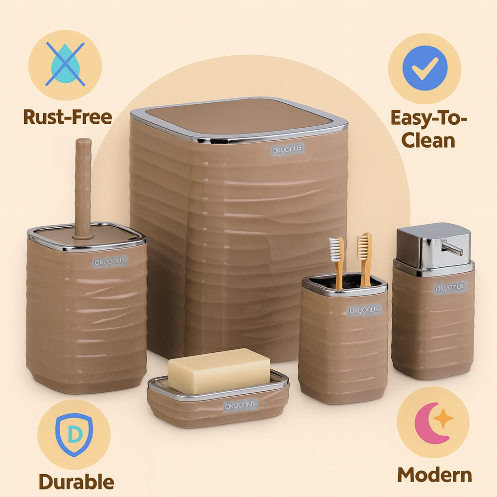 Bathroom Accessories Set 5-Piece – Chrome-Lid Luna Square