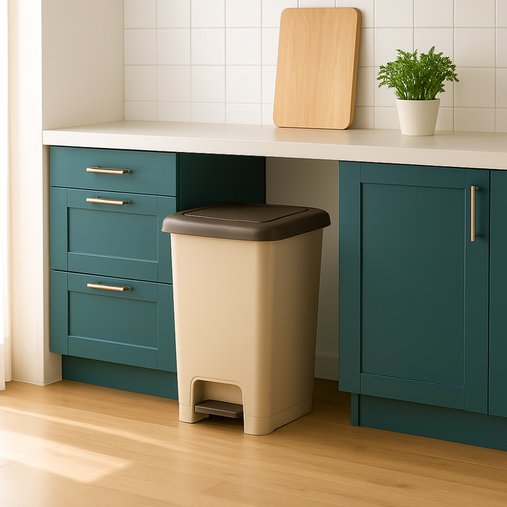 سلة مهملات دنيا البلاستيكية النحيفة ذات الدواسة - (بيج)