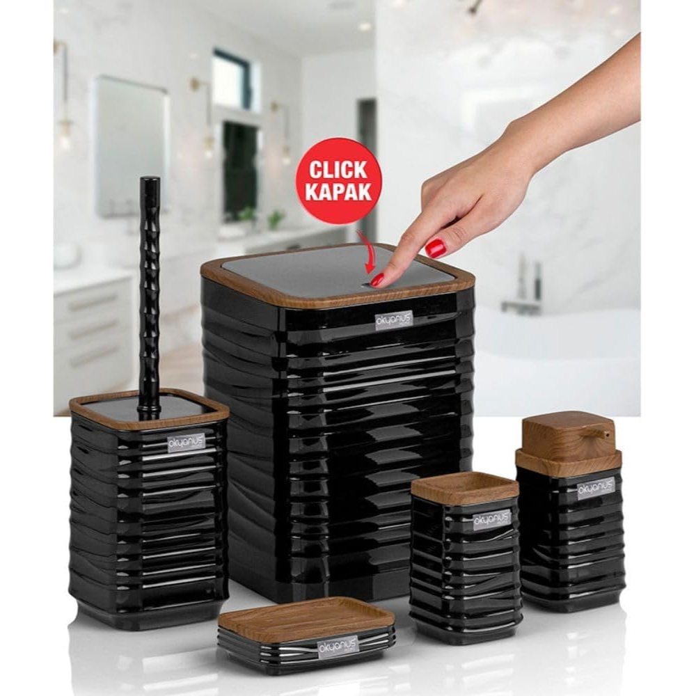 Modern 5-Piece Bathroom Accessories Set – Covered Bin, Wood-Grain Accents