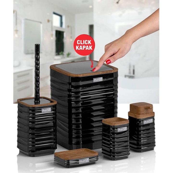 Modern 5-Piece Bathroom Accessories Set – Covered Bin, Wood-Grain Accents