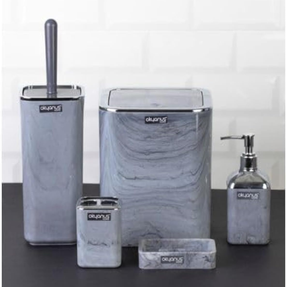 طقم حمام بنمط رخامي رمادي مربع - 5 قطع