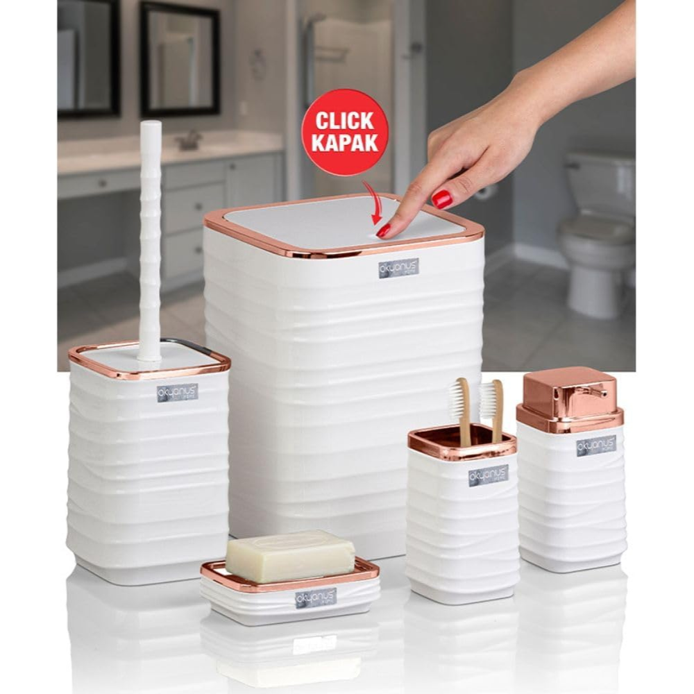 Okyanus 5-Piece Bathroom Accessories Set – Rose-Gold Accents, Easy-Clean