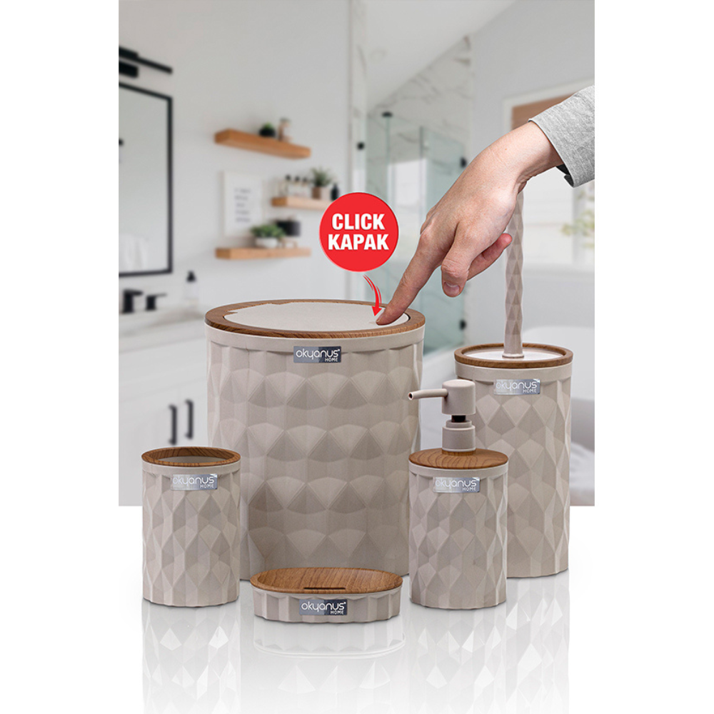 Okyanus 5-Piece Bathroom Accessories Set – Wood-Frame, Durable Plastic