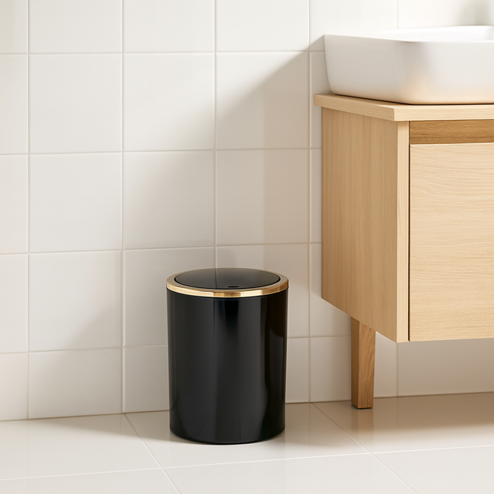 Acrylic Swing-Lid Trash Can – Gold Ring Rim Design, 6 Liter