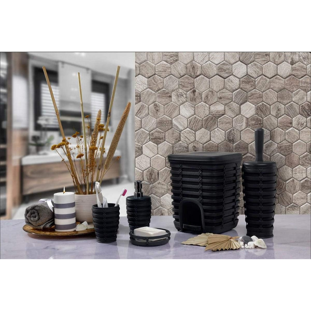 Rattan-Style 5-Piece Bathroom Accessory Set with 5 Liter Pedal Bin | Primanova